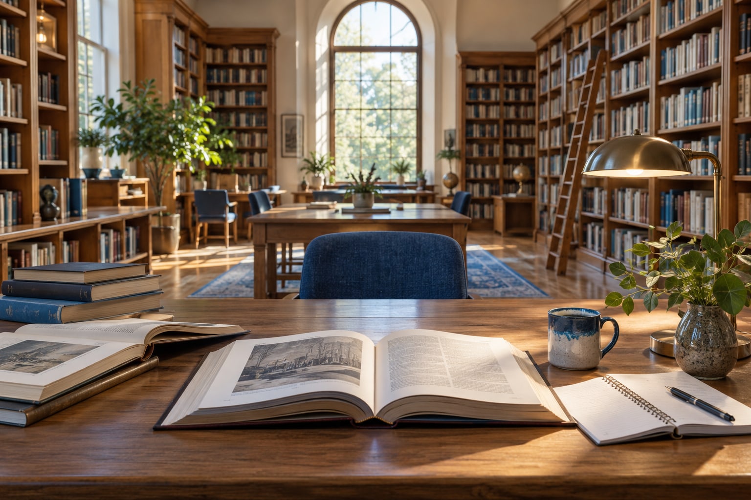 Library with books and a research notebook