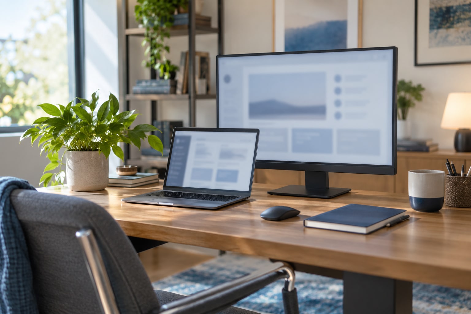 Wooden desk with a laptop and monitor