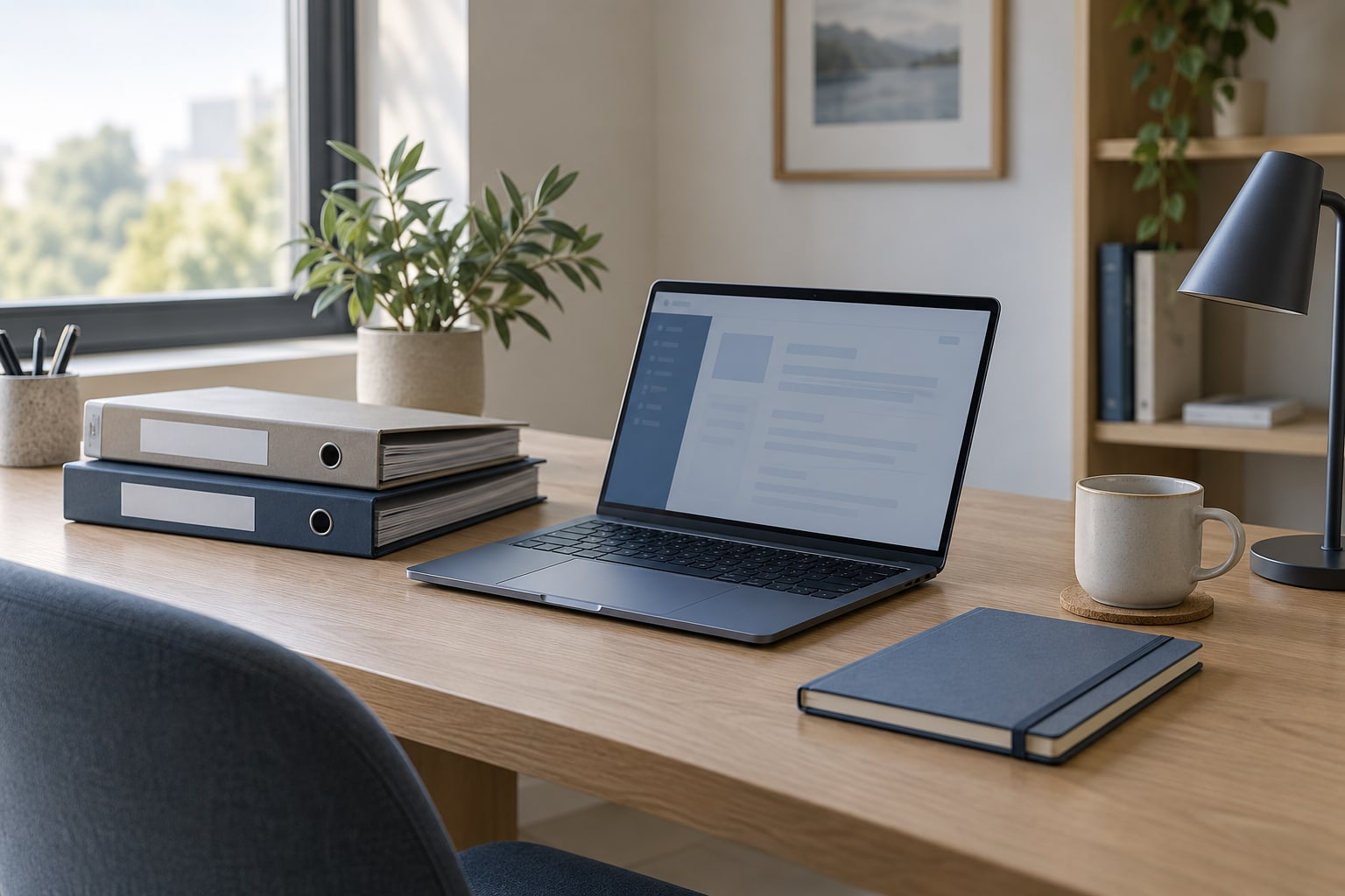 Laptop and folders on a private desk
