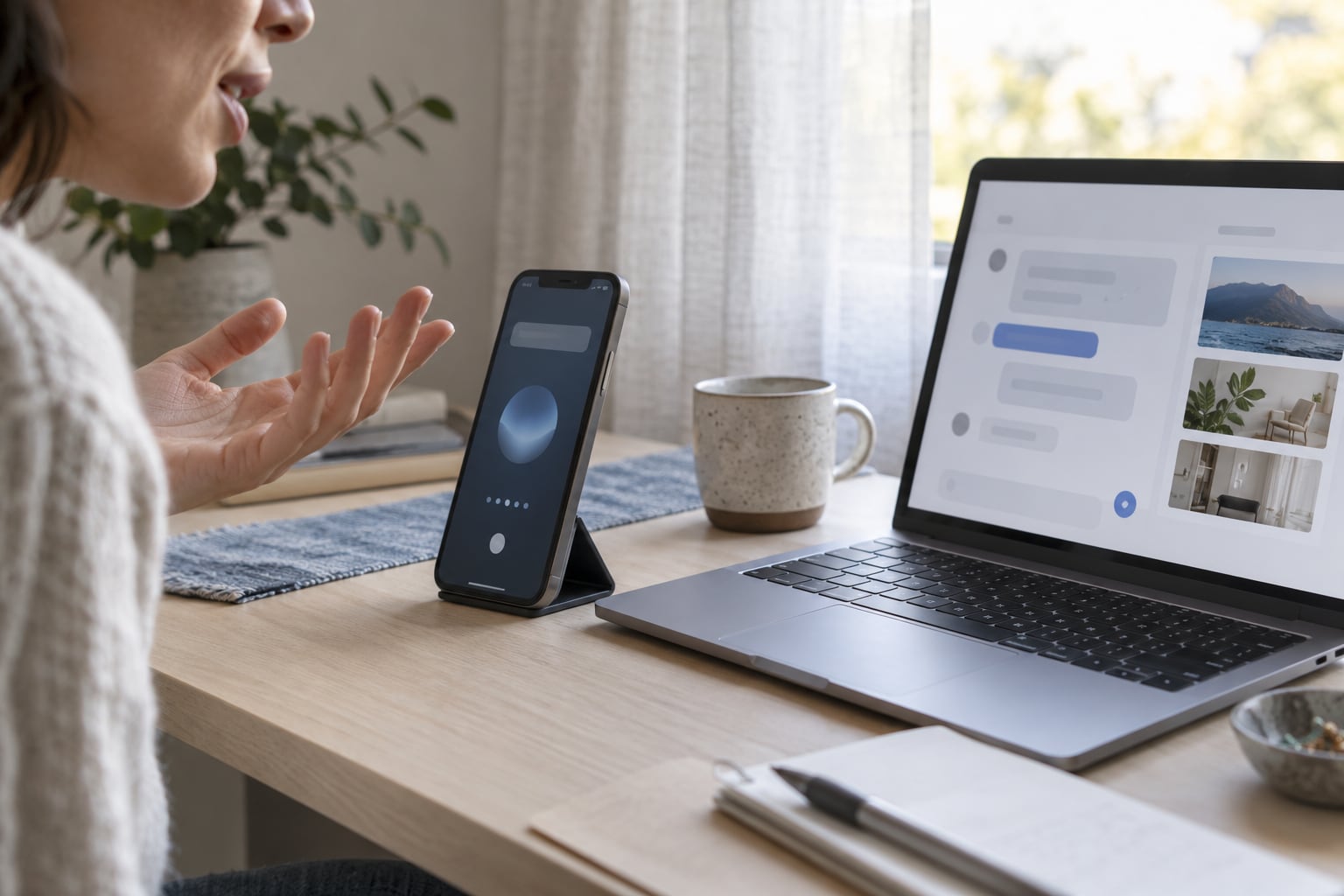 Conversation using a phone and laptop