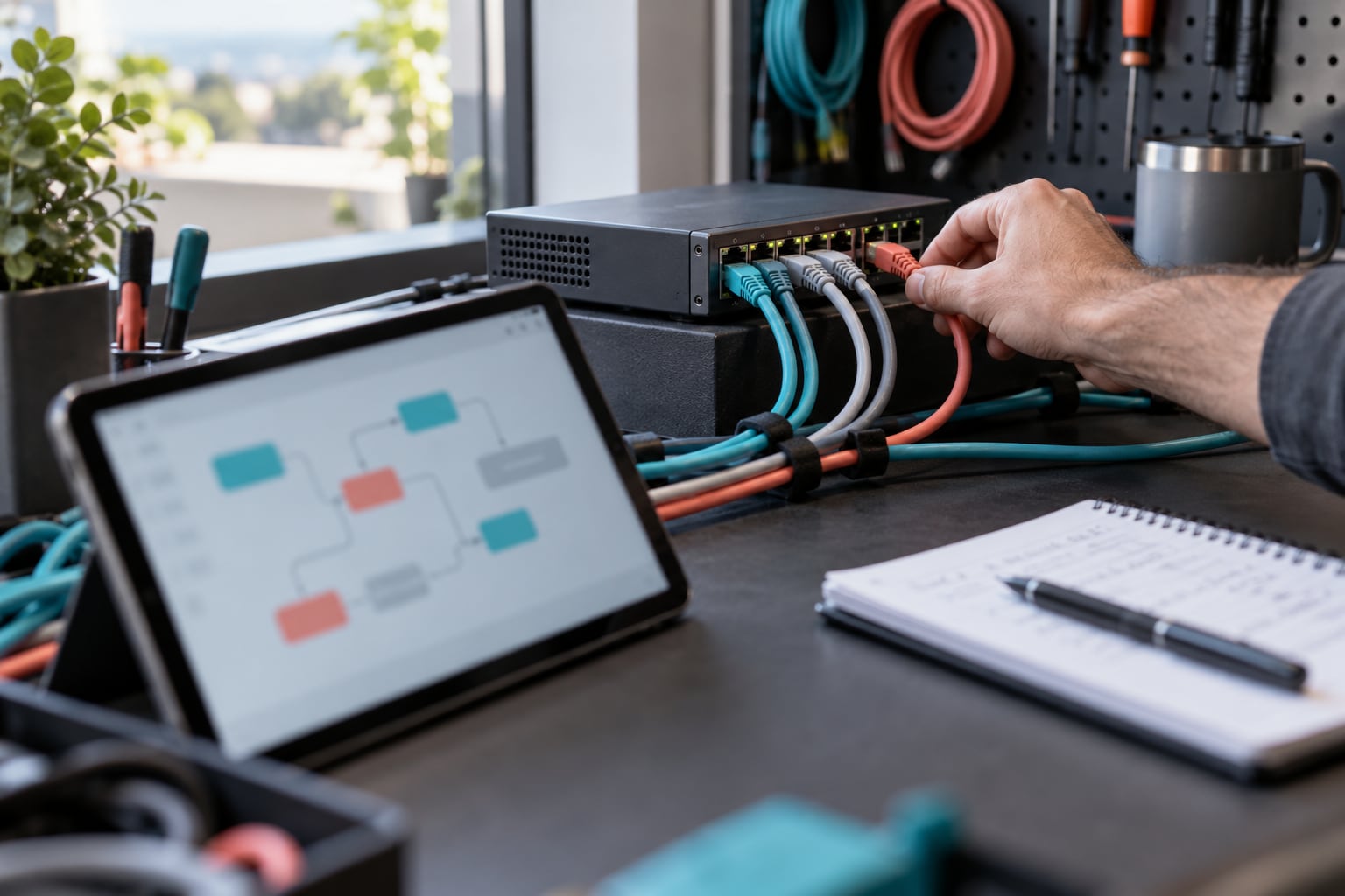Connecting cables to a small network device