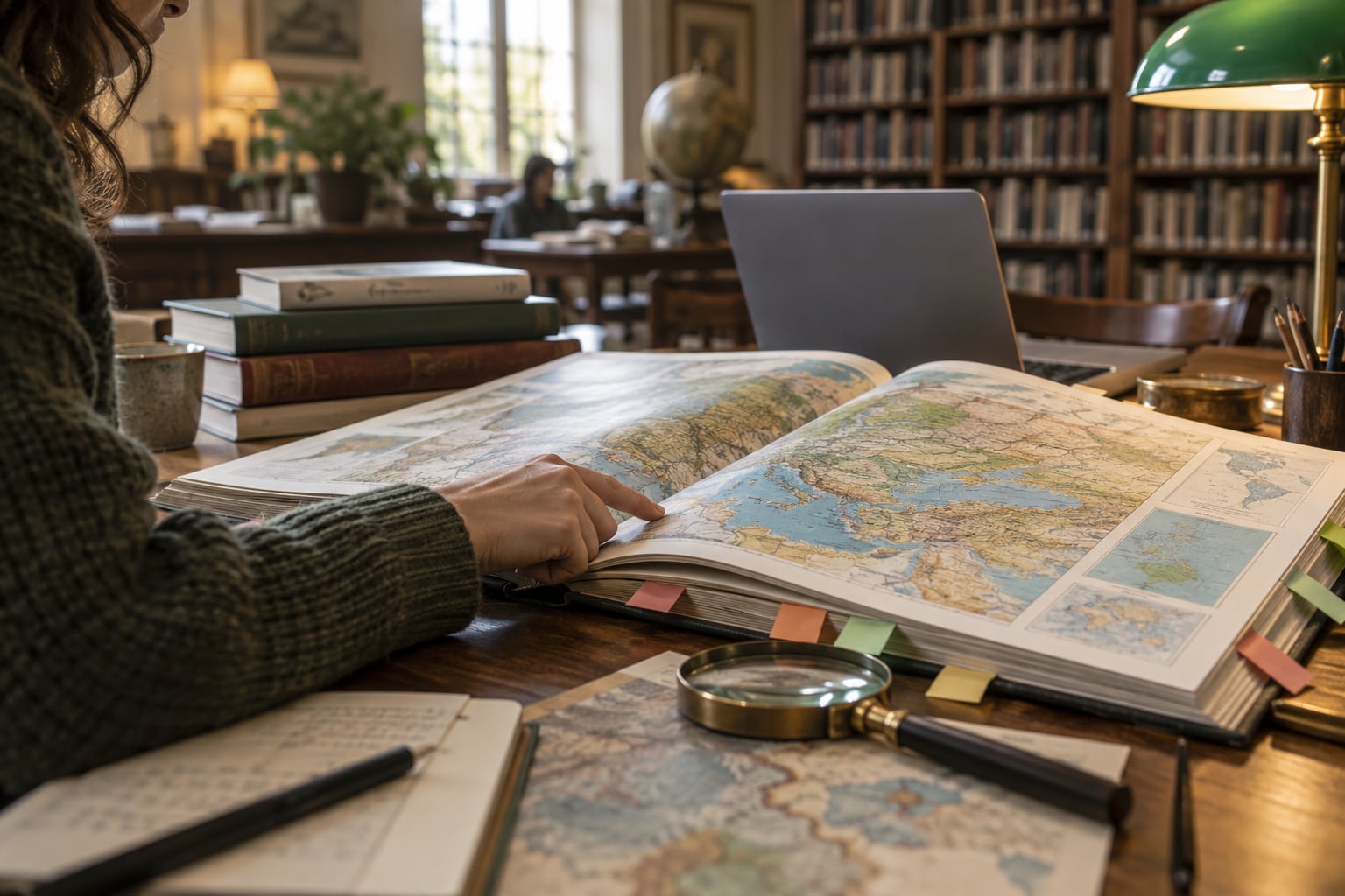 Document research with an atlas and books in a library