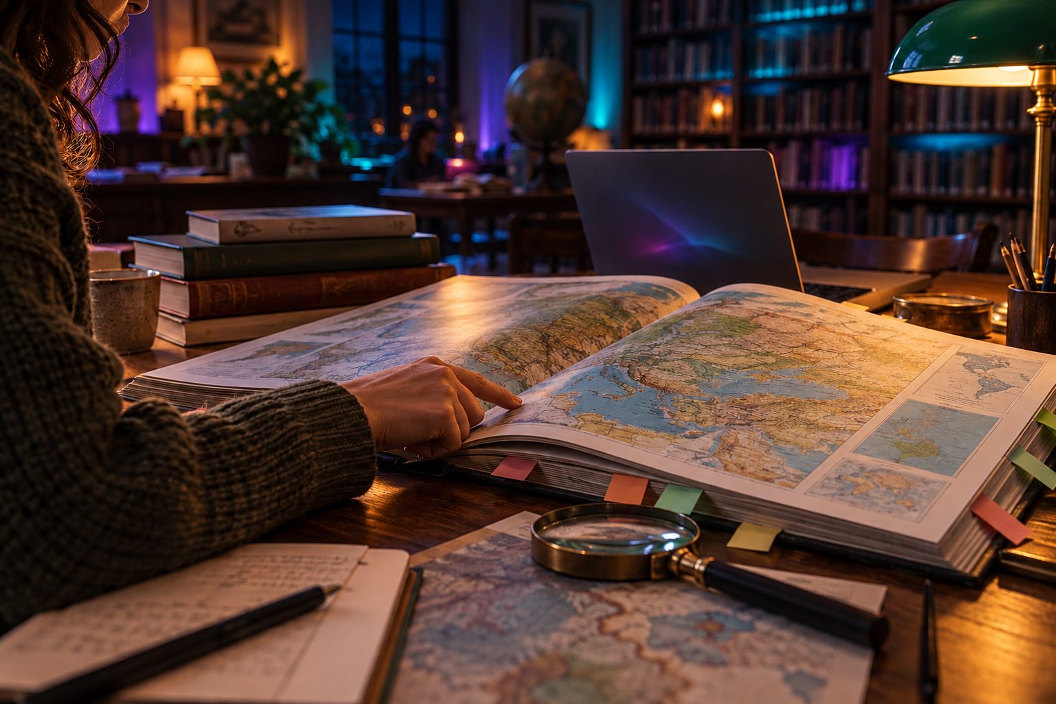 Recherche documentaire avec atlas et livres dans une bibliothèque