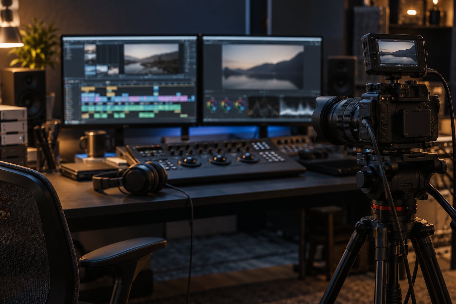 Camera and editing station in a video studio