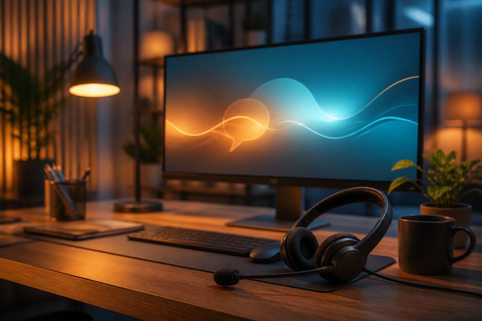 A support workspace with a headset and abstract conversation interface.