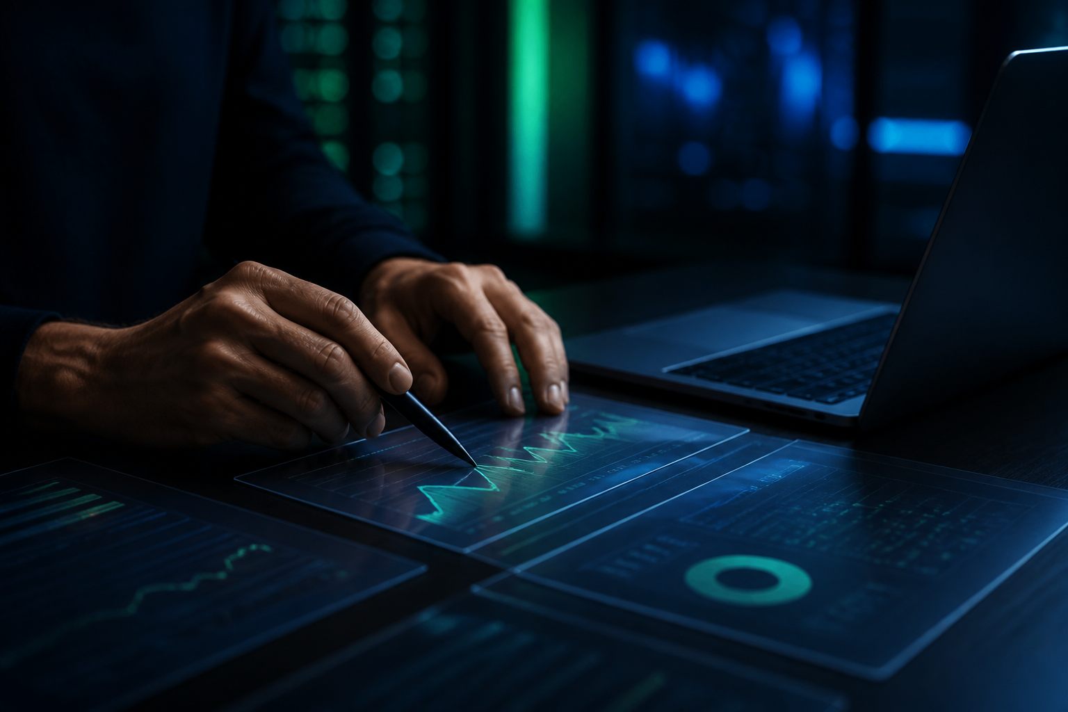 An analysis station with abstract data and documents.