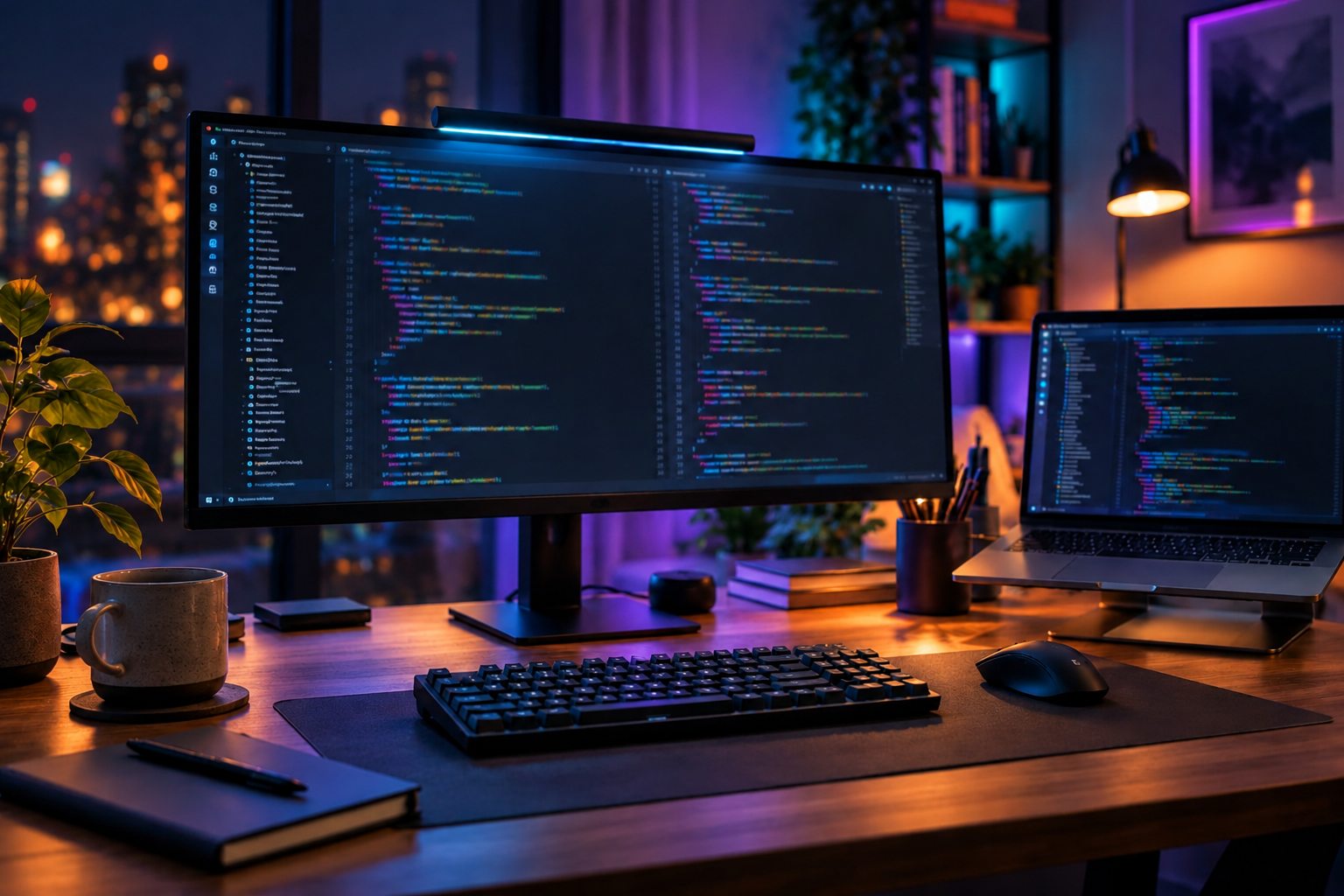 Poste de développement avec écran de code