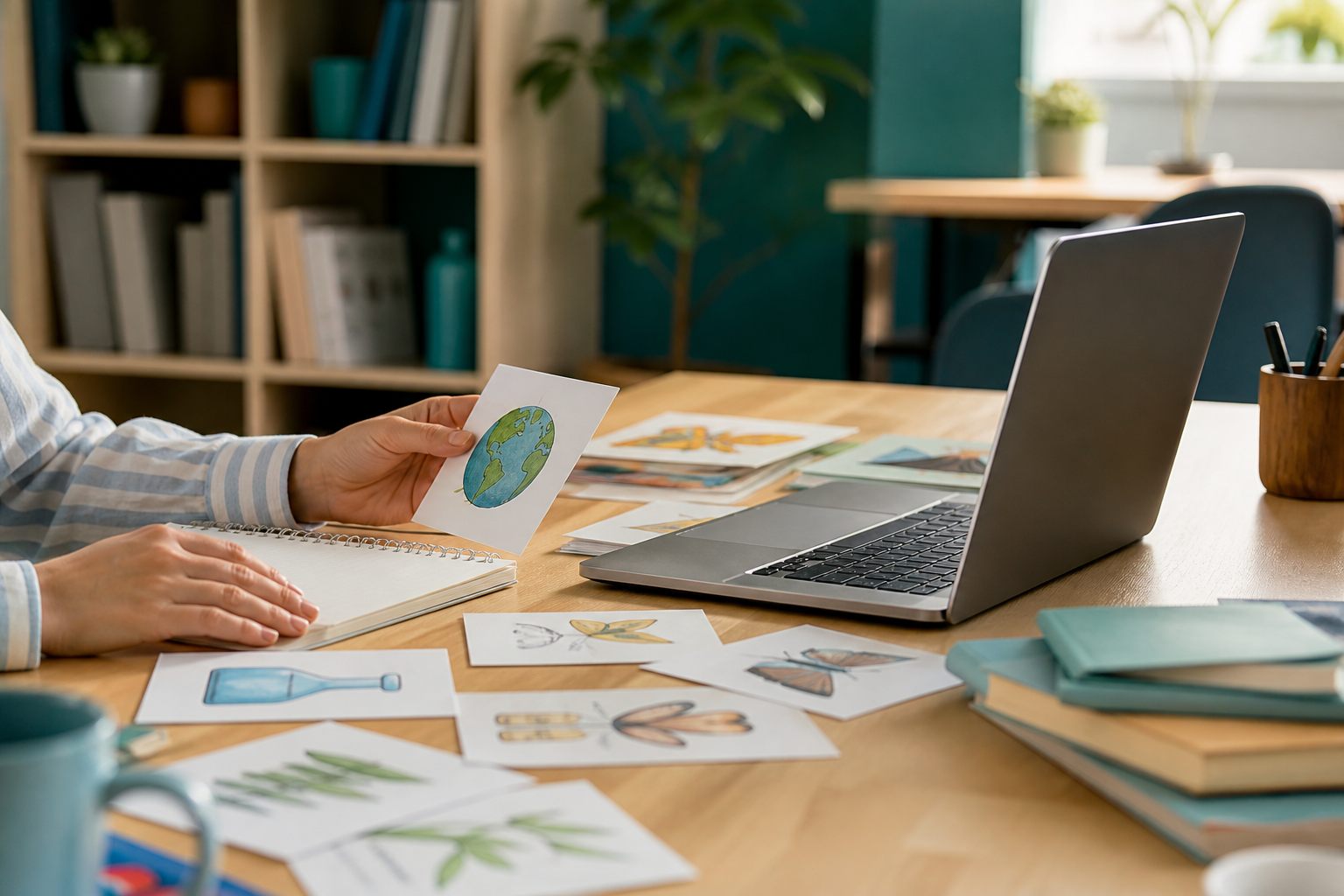 A learning workspace with study cards and teaching material.