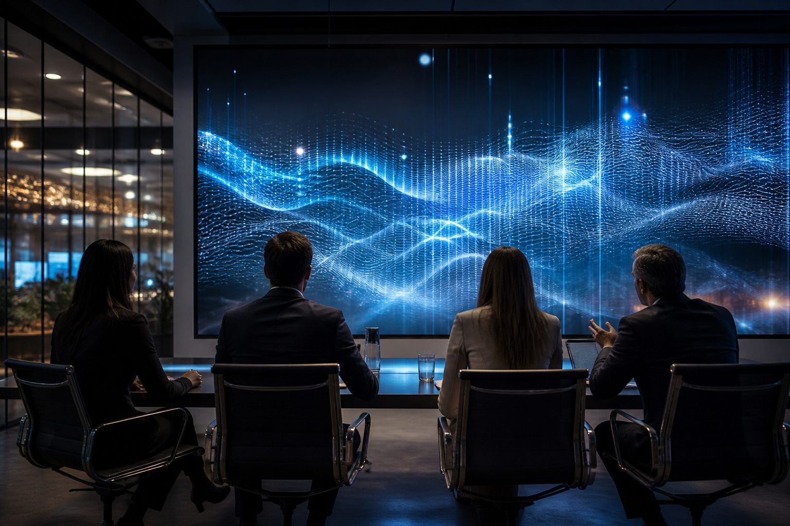 A team talks in front of an abstract data wall in a strategy room.