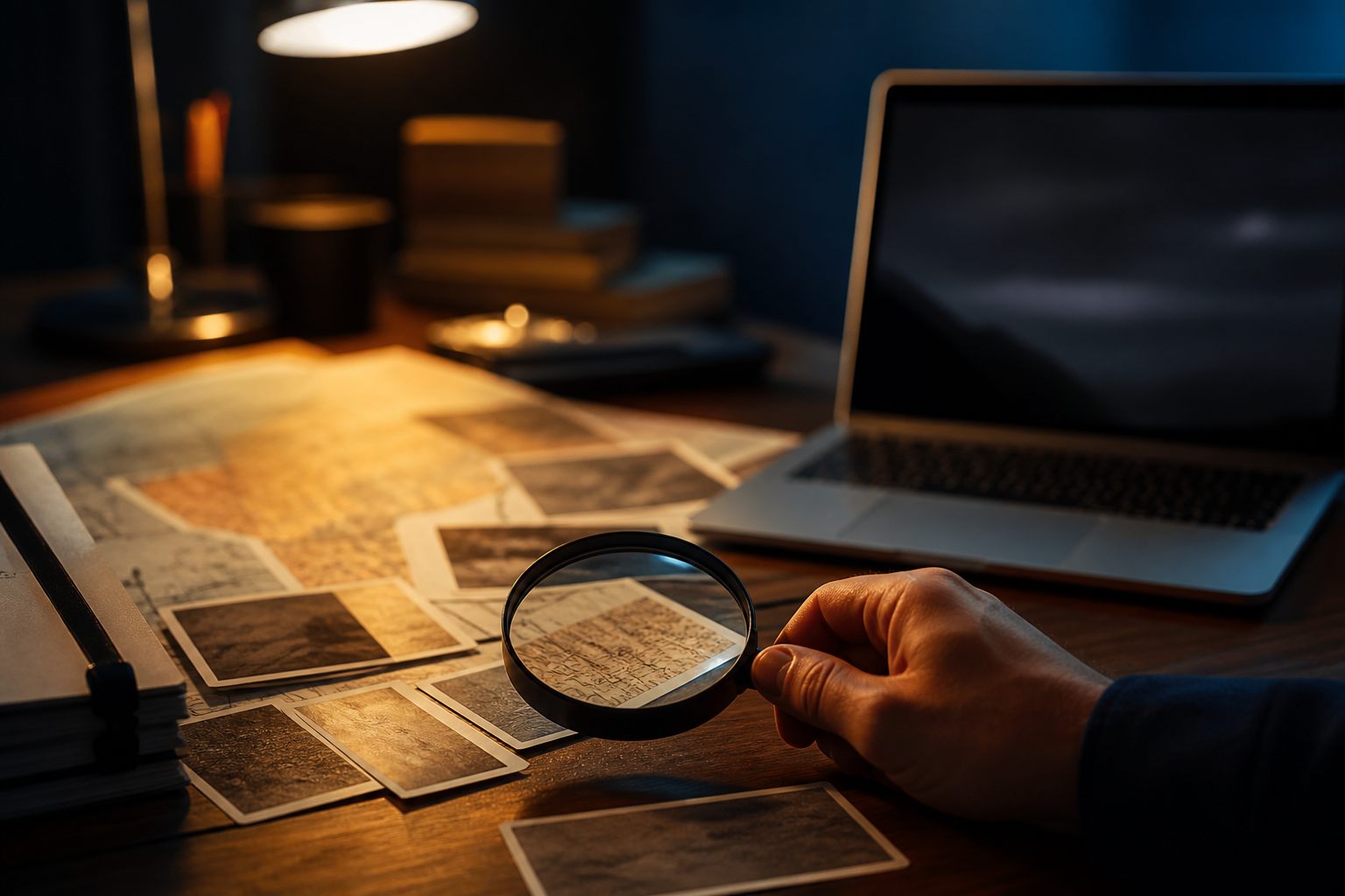 A verification desk with a magnifier and source documents.