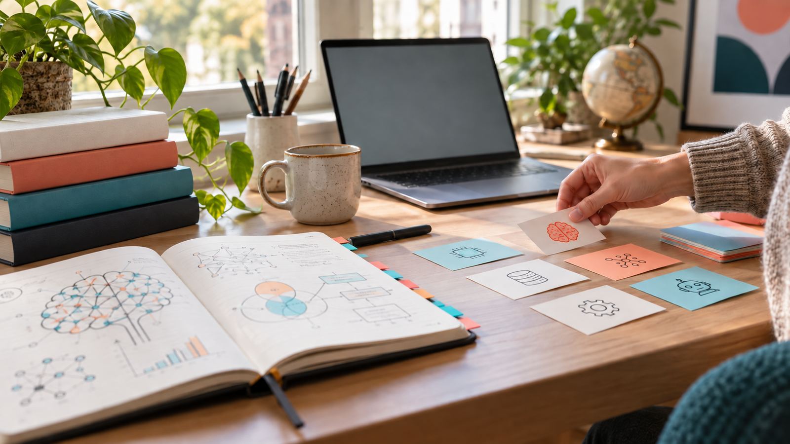 Bureau d’étude avec carnet de schémas et cartes représentant des notions d’intelligence artificielle.
