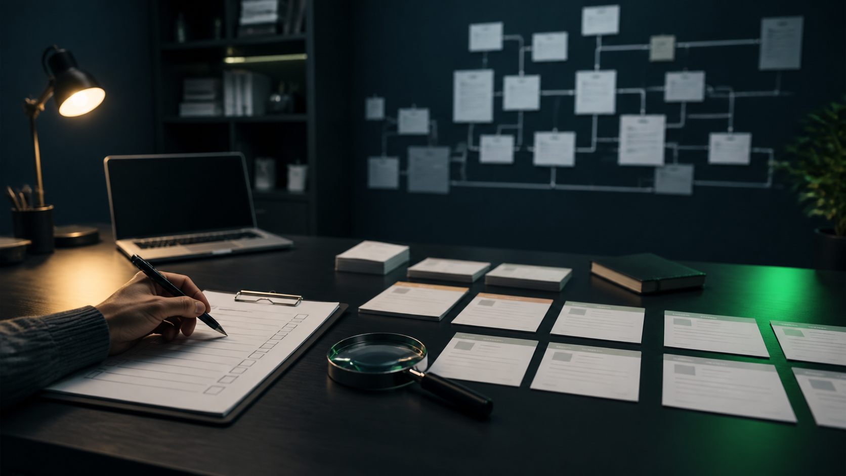 Un espace de vérification éditoriale avec une grille de contrôle et des documents organisés.