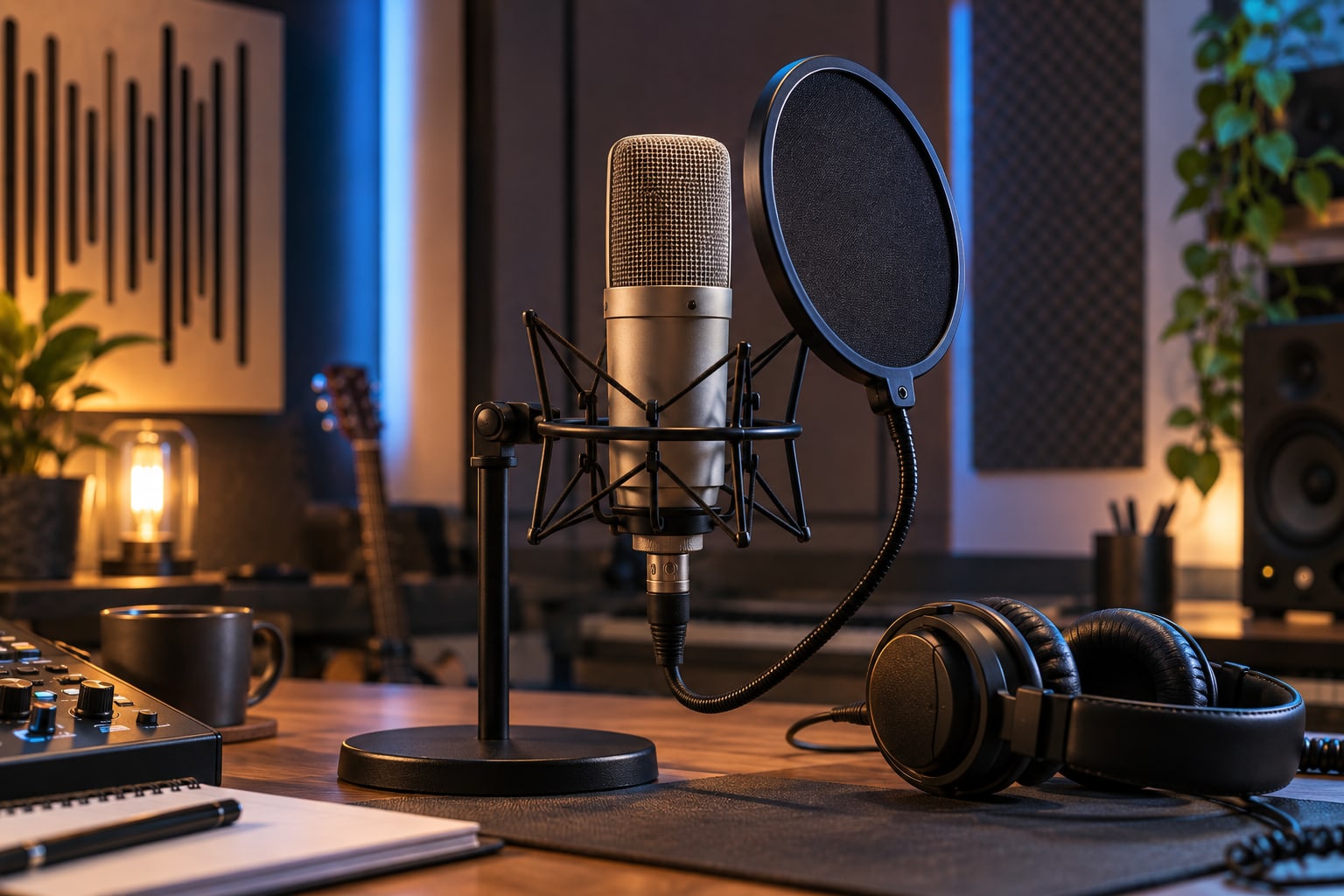 Microphone and headphones in an audio studio