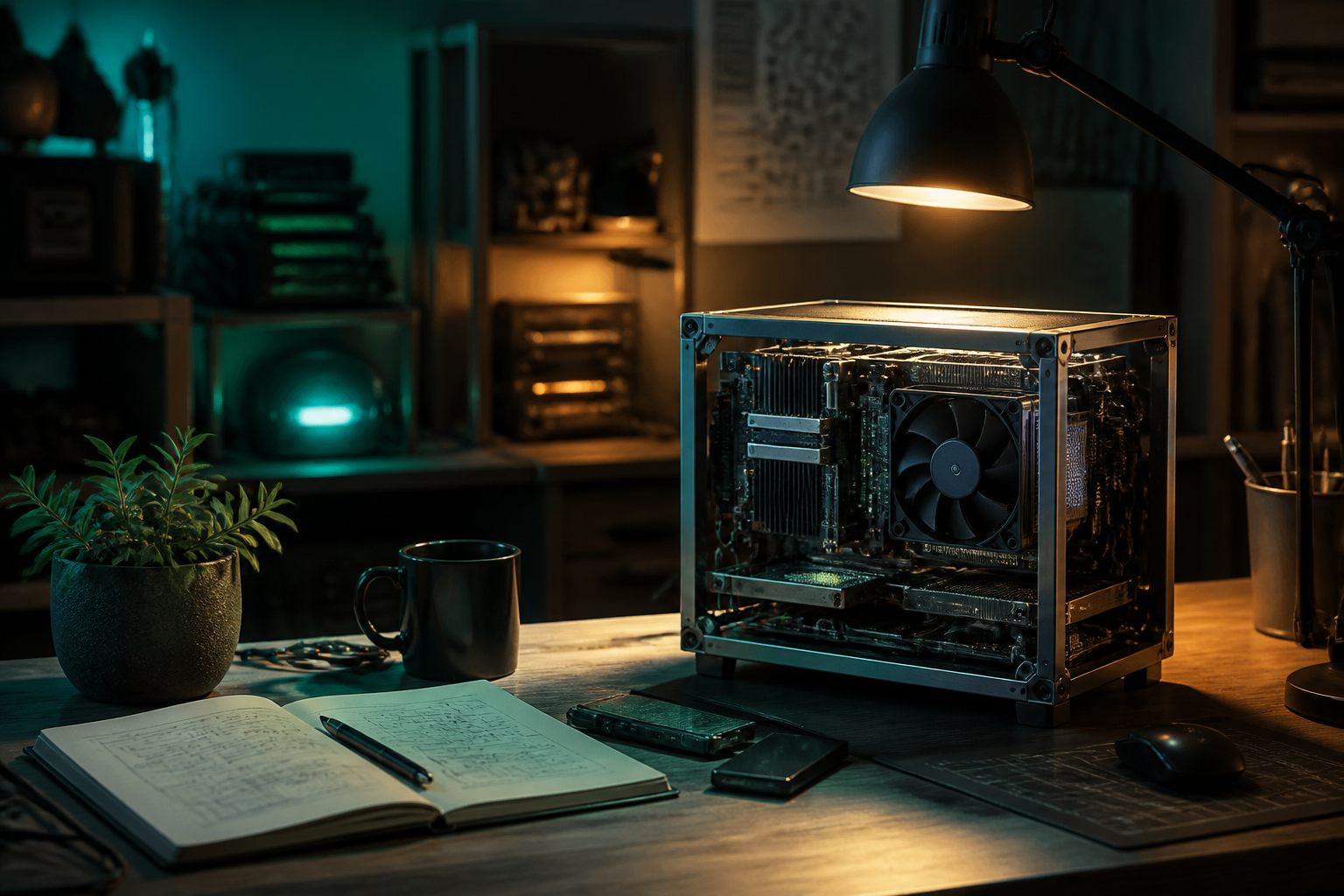 A personal lab with modular computing hardware.