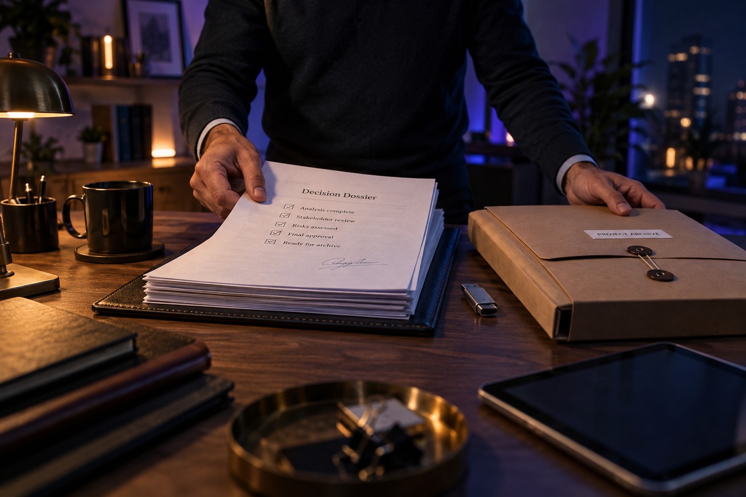 Preparing a decision record with a checklist and export drive.