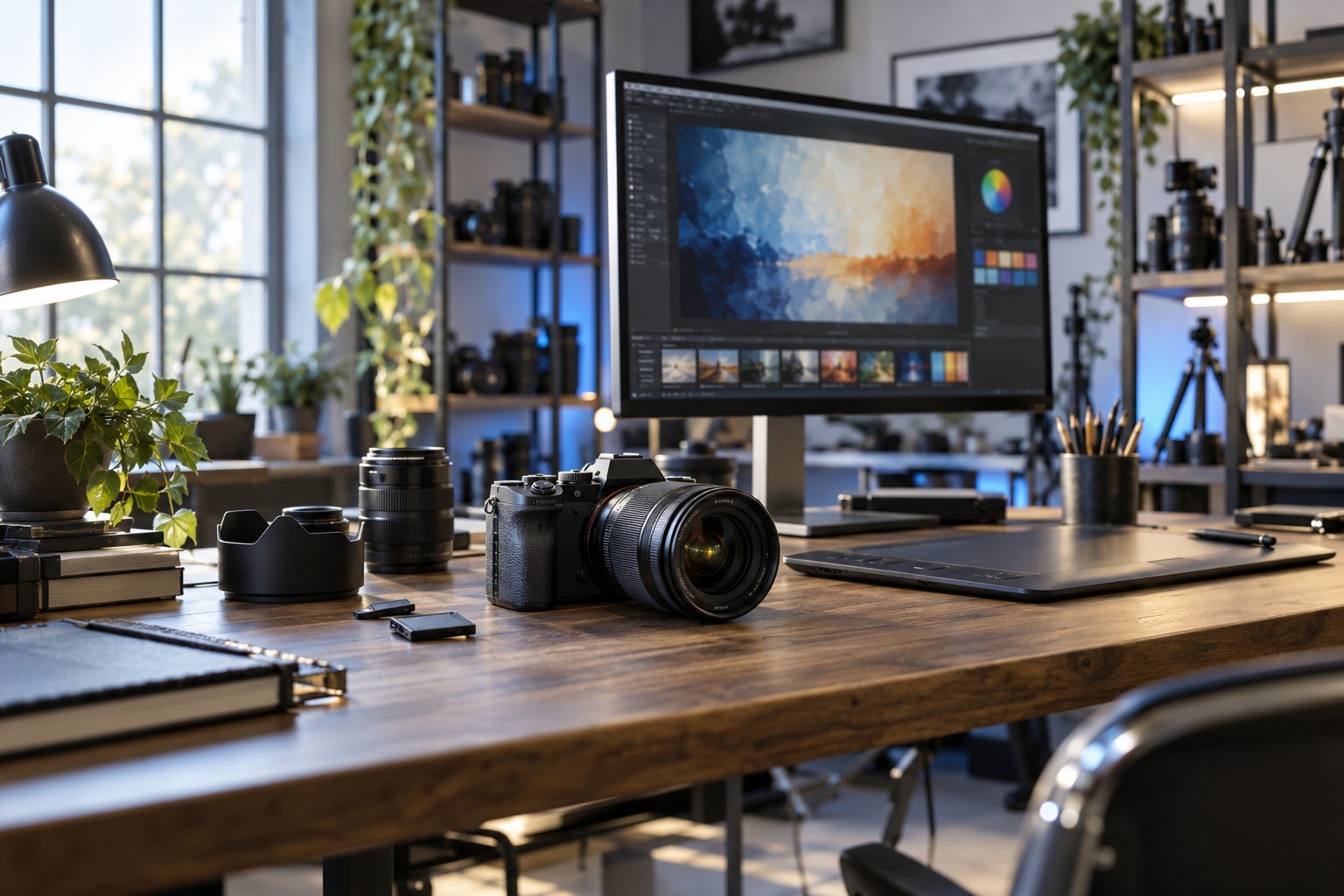 Creative studio with a camera and drawing tablet