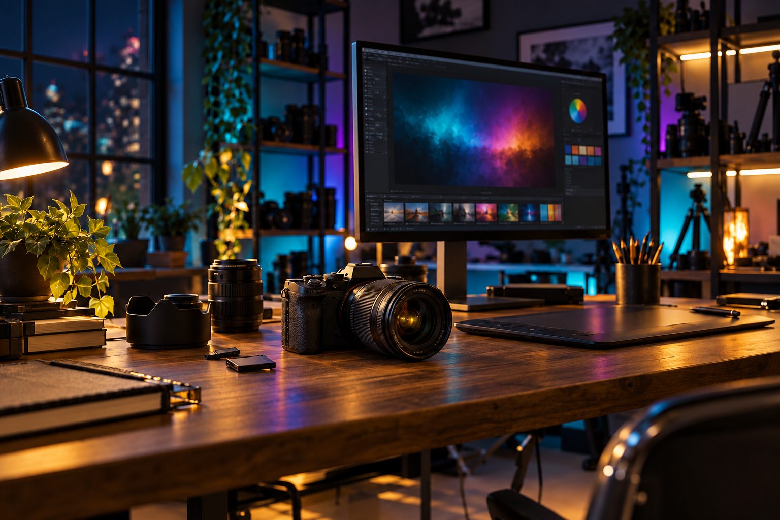 Studio de création avec appareil photo et tablette graphique