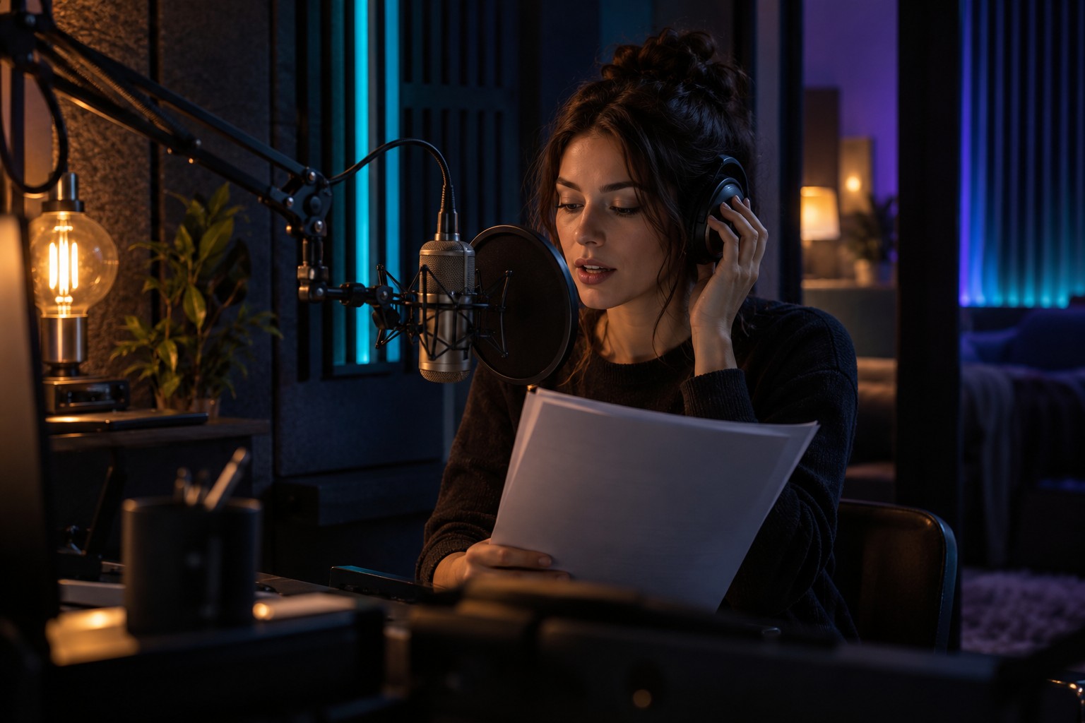 Checking a script at a microphone in a nighttime studio.