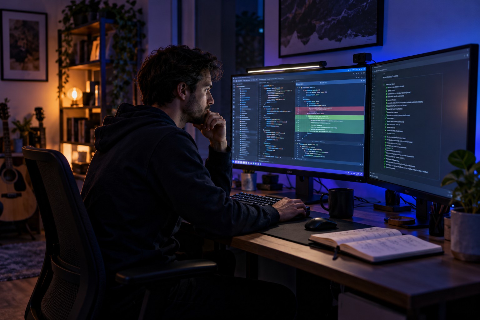 Reviewing code changes in a nighttime development workspace.