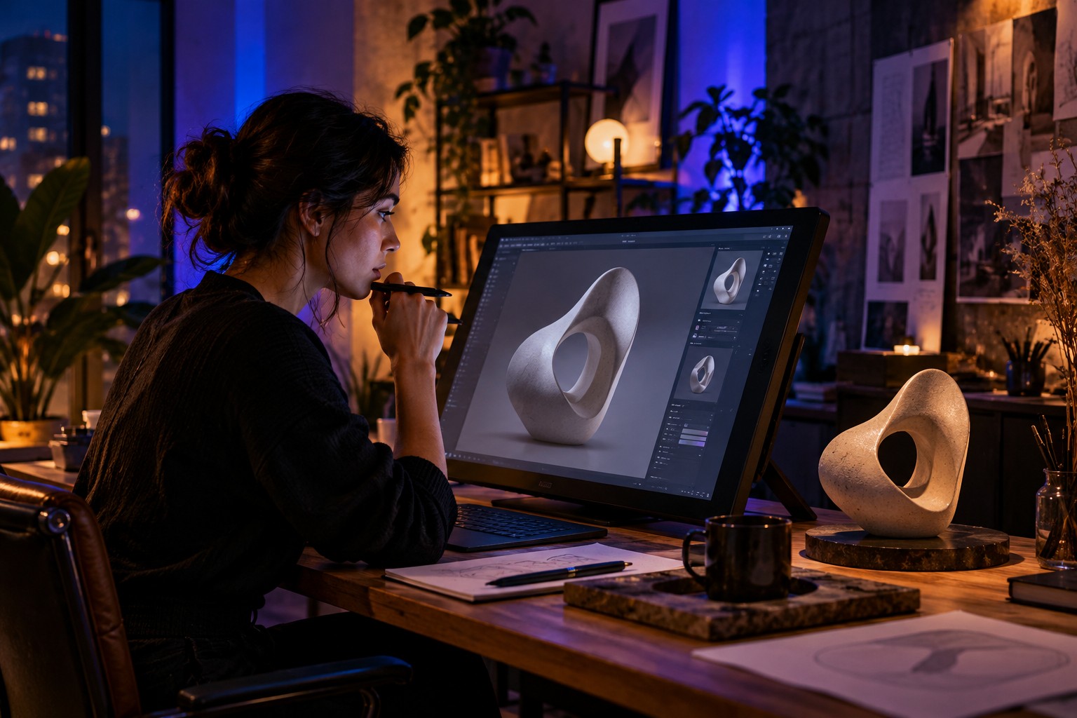 Reviewing a product visual on a creative display.