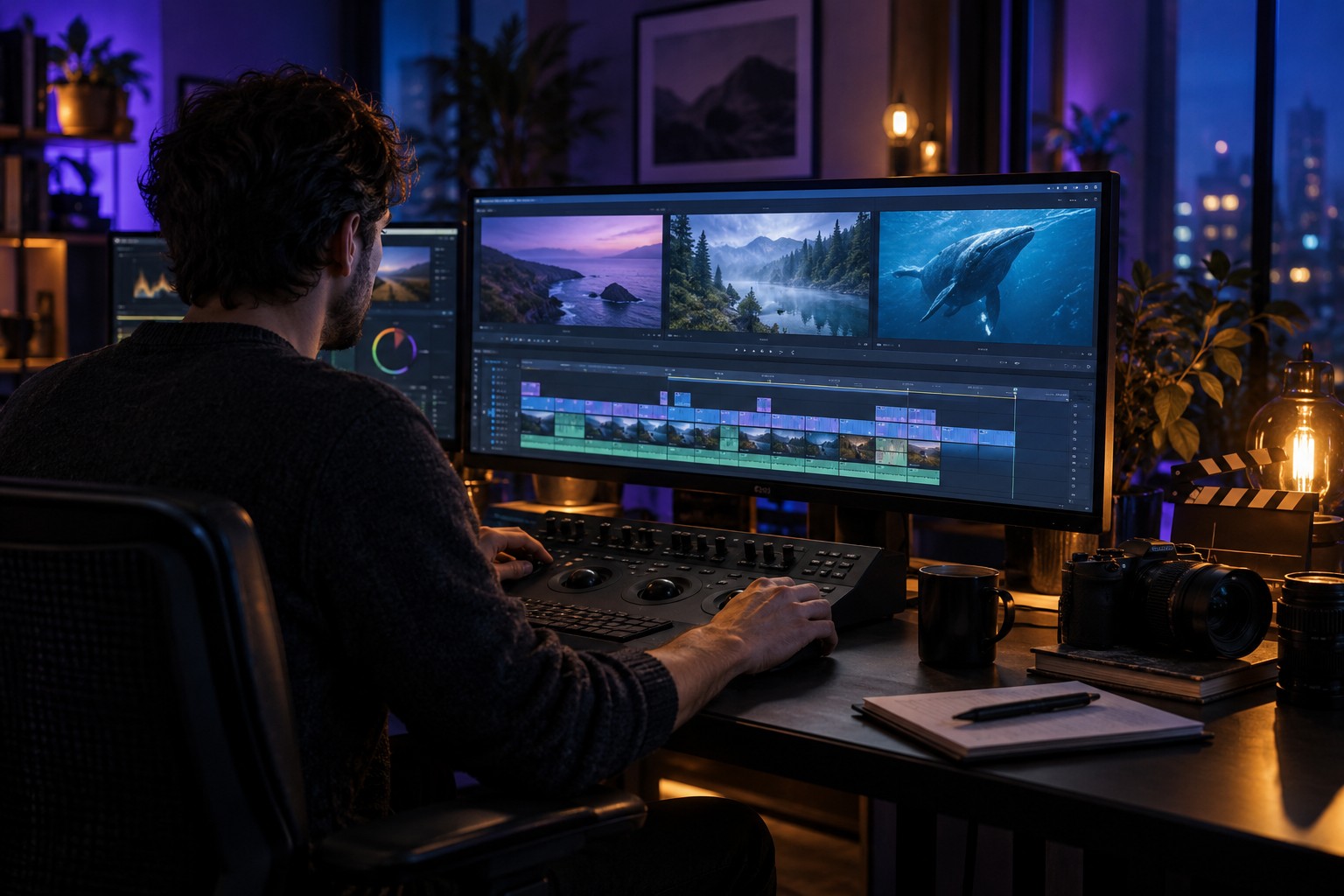 Editing shots in a cyan and violet lit video studio.