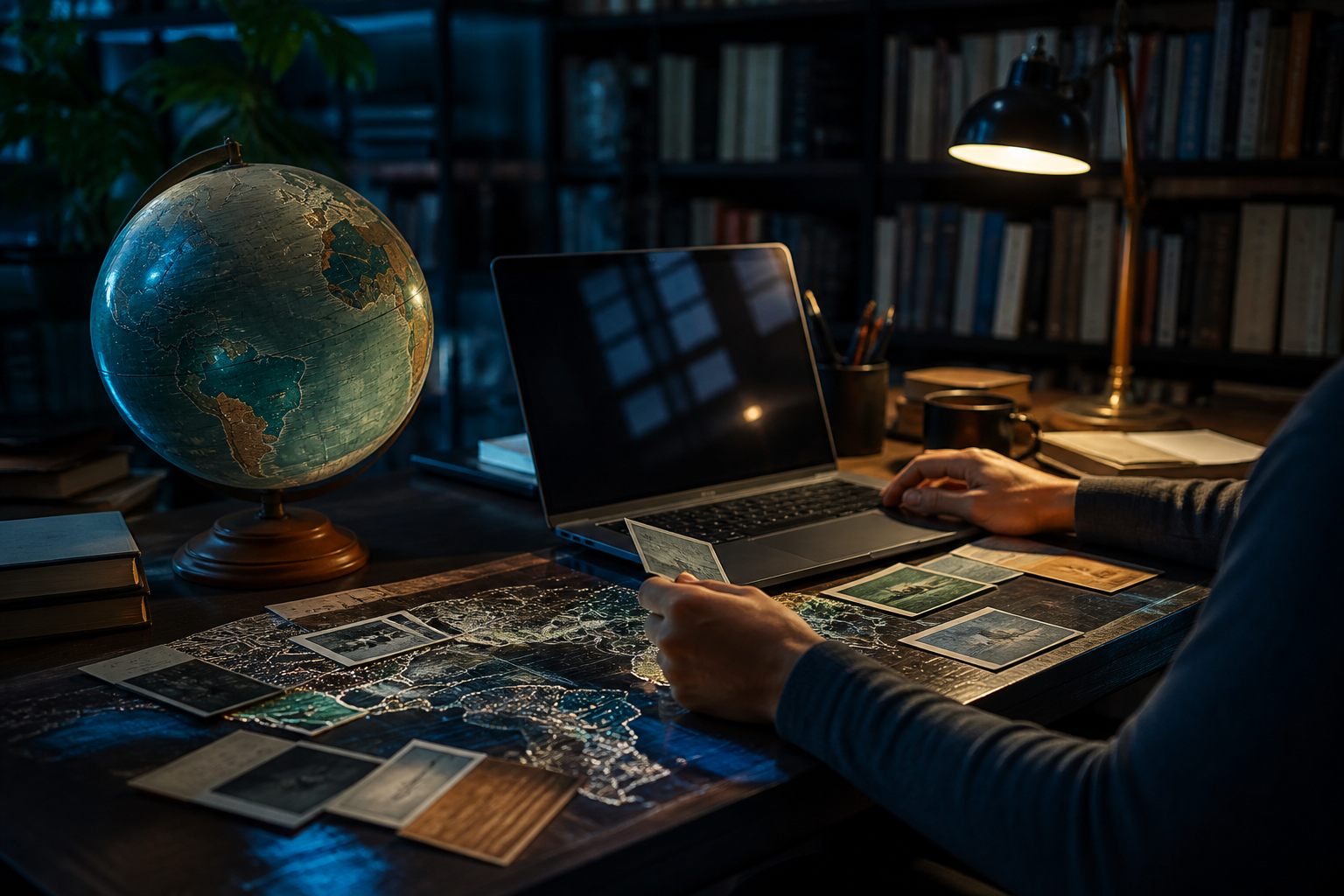 A web research desk with a globe and source cards.